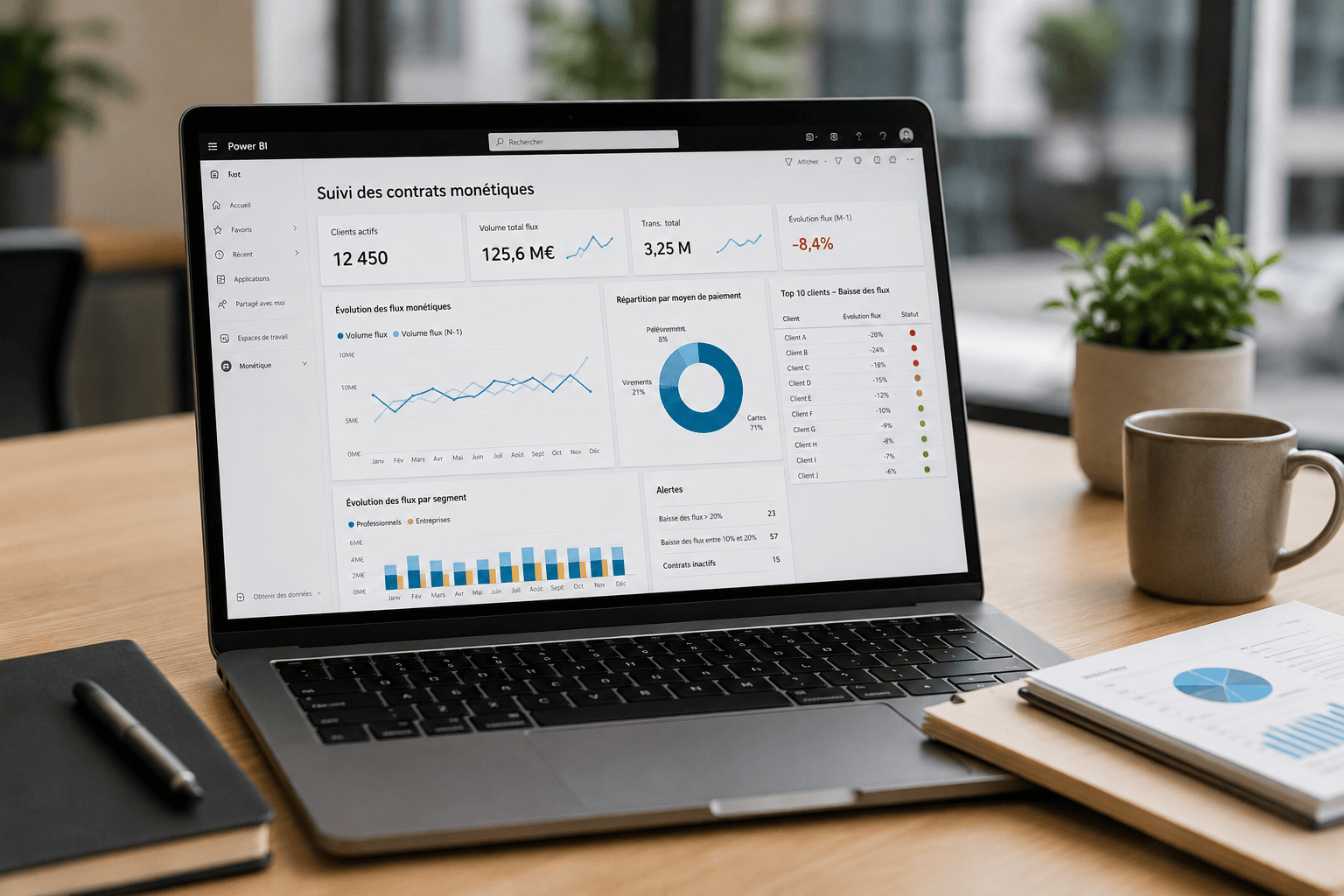 Un écran d'ordinateur avec un tableau de visualisation power BI pour le suivi des flux monétiques pour les conseillers