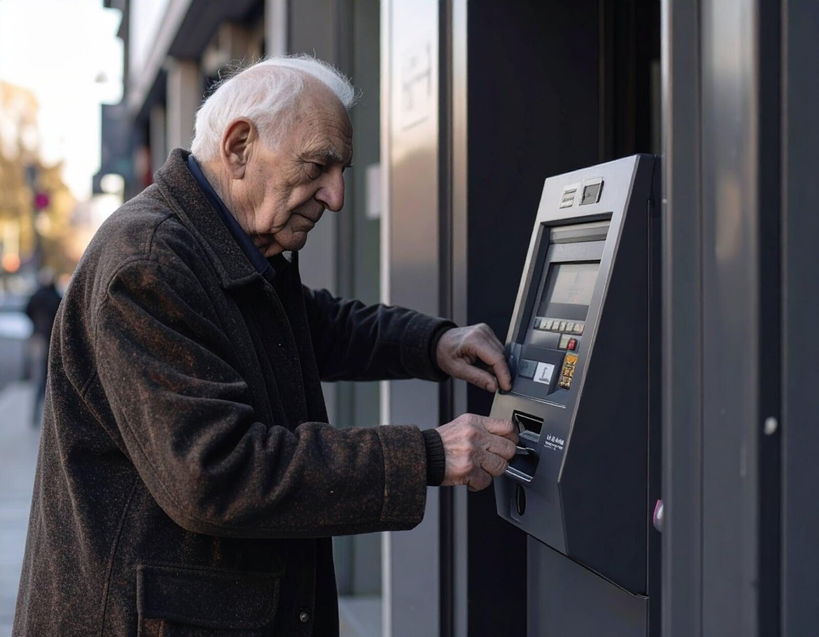 Un homme agé souhaitant retirer de l'argent à un distributeur