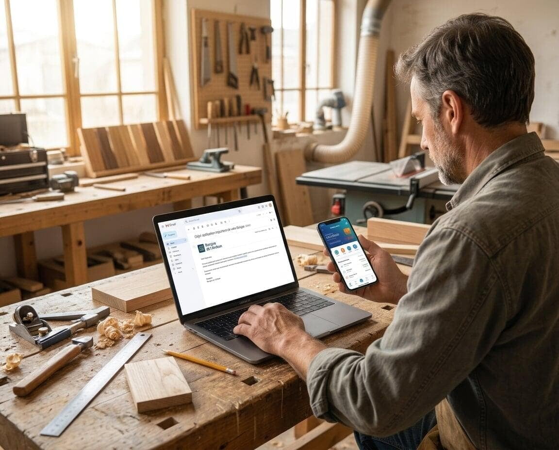 un artisan - menuisier - dans son atelier , consulte son application bancaire sur son smartphone et un email promotionnel émanant de sa banque sur son ordinateur