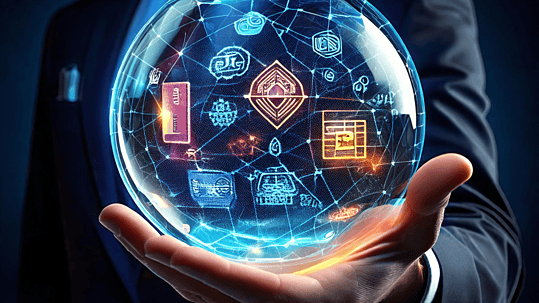 Un homme en costume tient une sphère digitale transparente contenant des icônes lumineuses représentant des technologies financières et des actifs numériques.