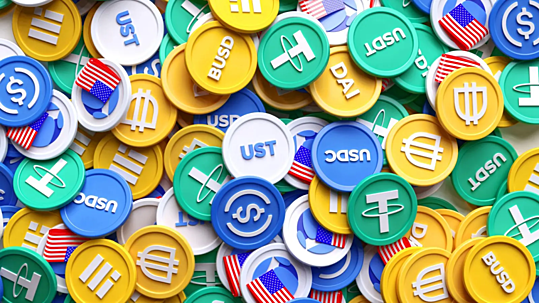 Illustration représentant un amas de jetons colorés symbolisant différentes cryptomonnaies stables (stablecoins).